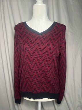 Kim Rogers Burgundy and Black Chevron V-Neck Sweater